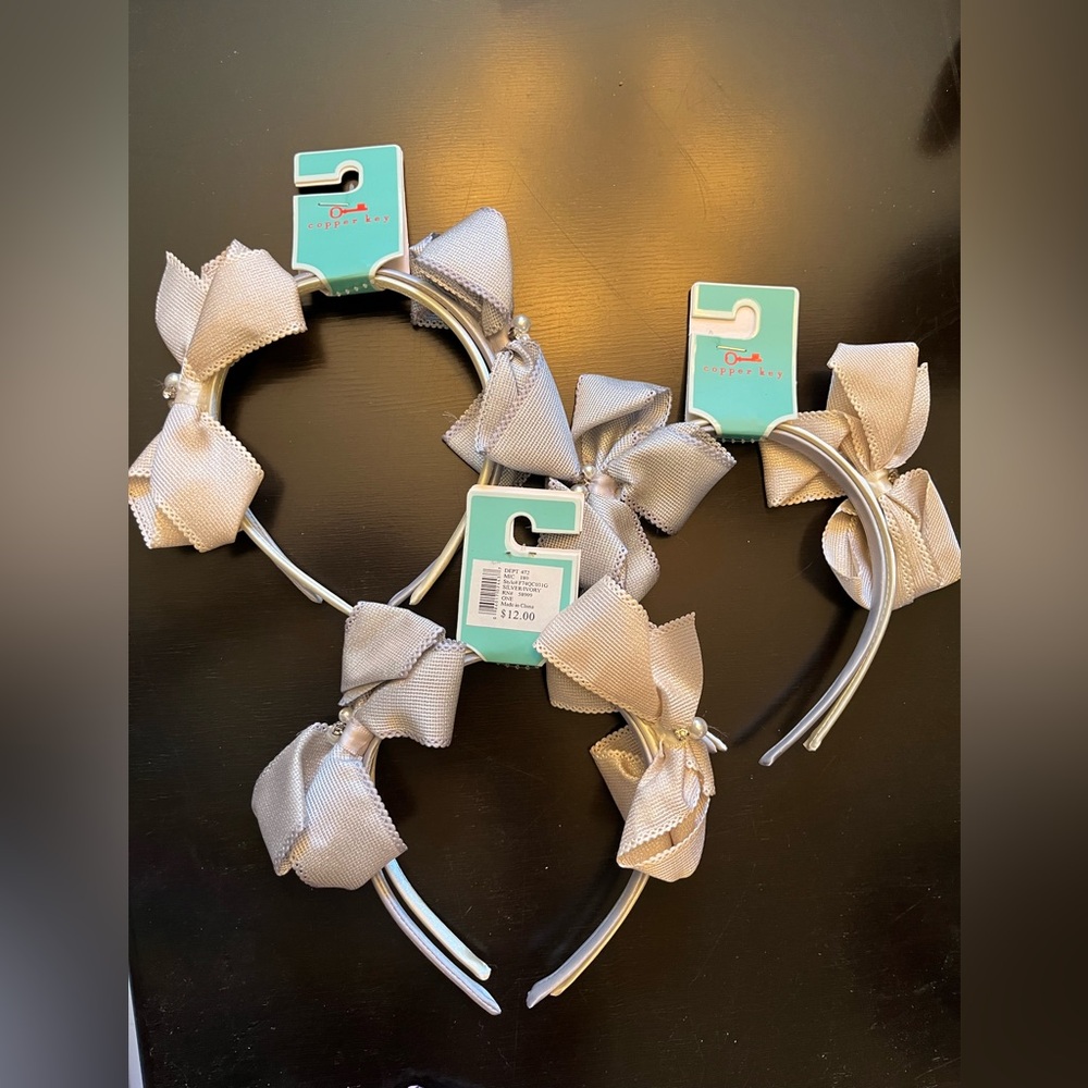Copper Key girls 2 piece head bands with bow silver ivory gems diamond NWT